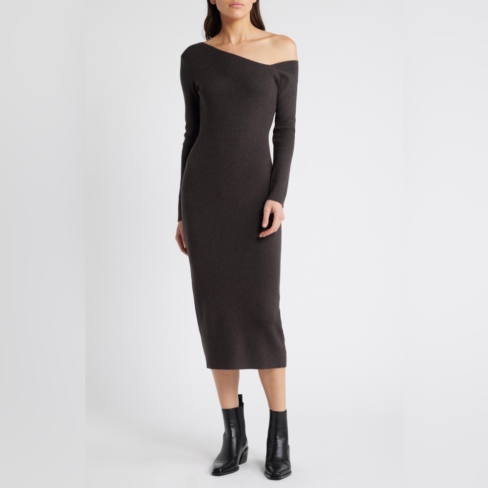 Charles Henry One-Shoulder Long Sleeve Sweater Dress, Charcoal, Medium, NWT